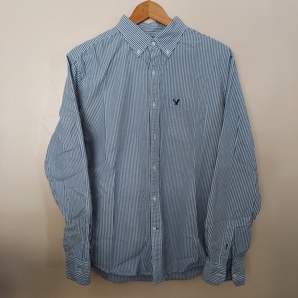 American Eagle Men's L Marchese Classic Fit Striped Dress Shirt Blue‎ White - Picture 2 of 8